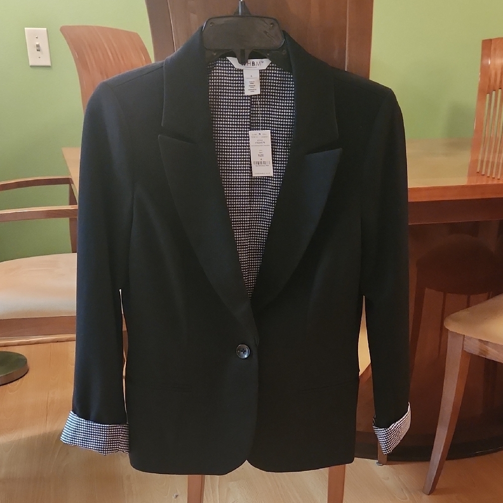 White House Black Market Black Blazer with Checkered Lining